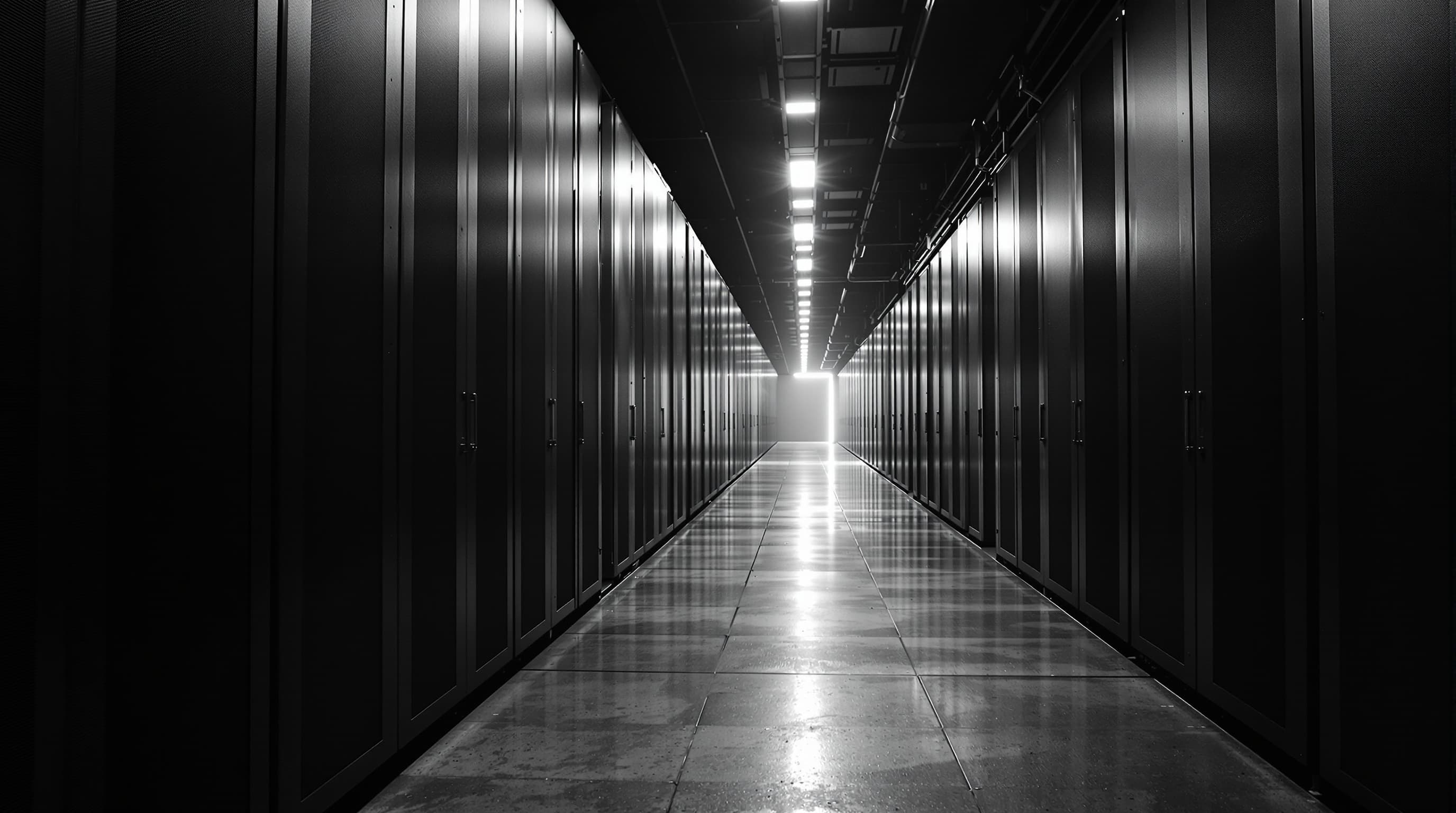 Brutalist data centre corridor receding into darkness